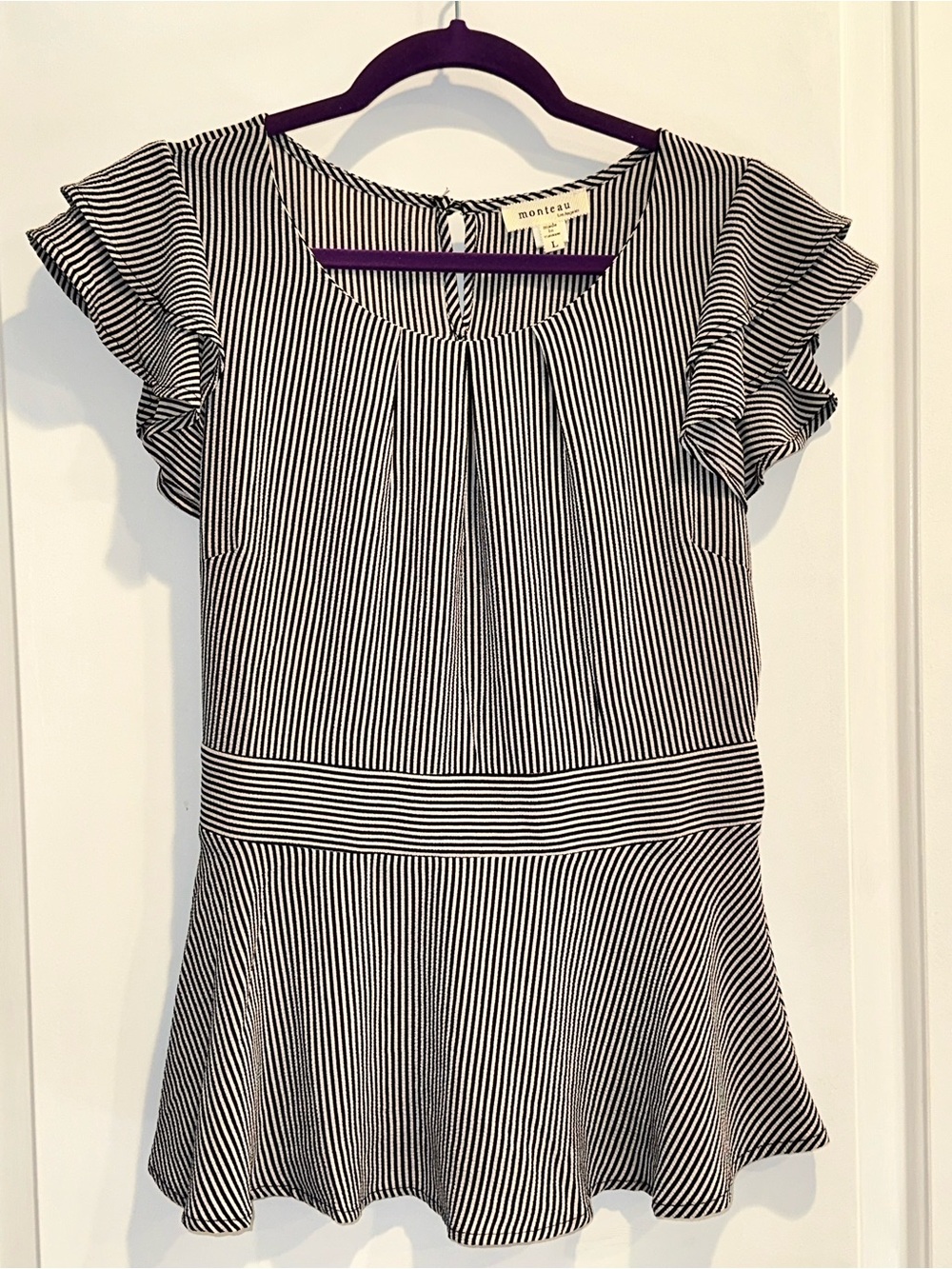 Monteau Black and White Striped Flutter Sleeve Blouse